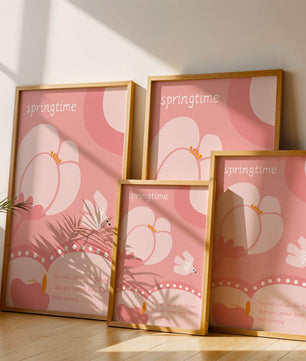 Springtime illustration with flowers and bird on pink background
