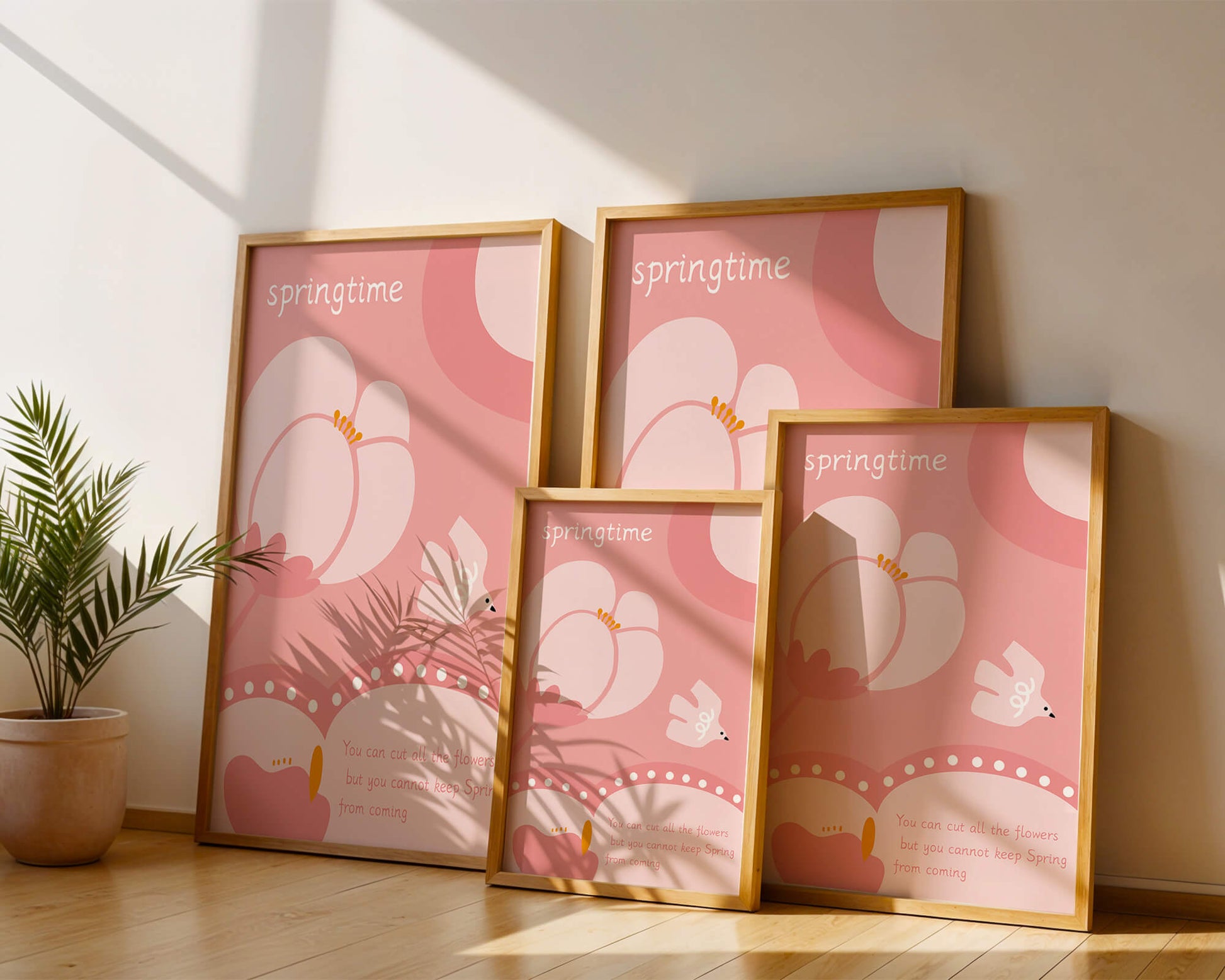 Springtime illustration with flowers and bird on pink background