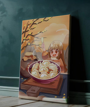 Comida de dumplings acogedora al aire libre en un entorno otoñal soleado con personaje alegre