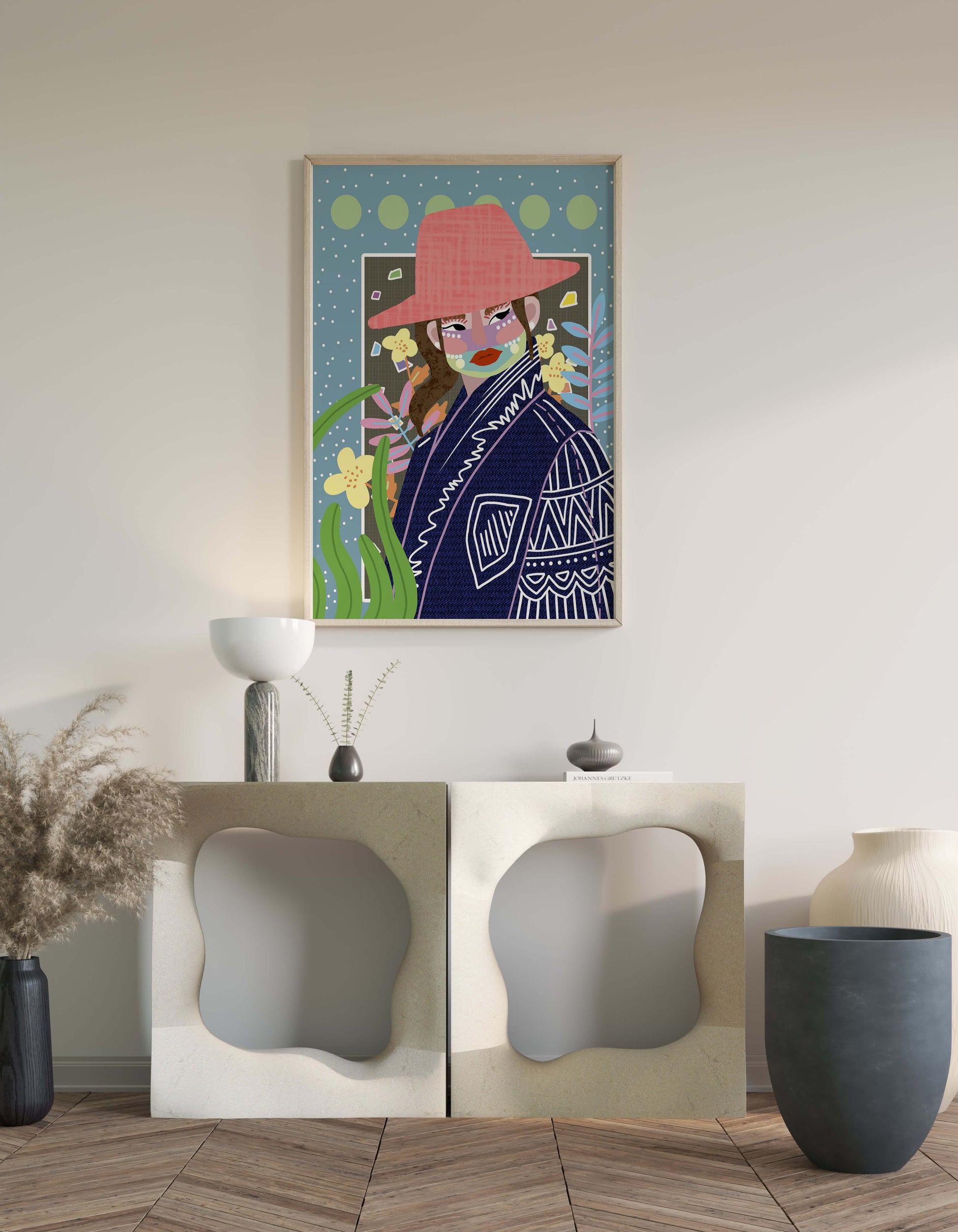 Retrato colorido con patrones y elementos abstractos