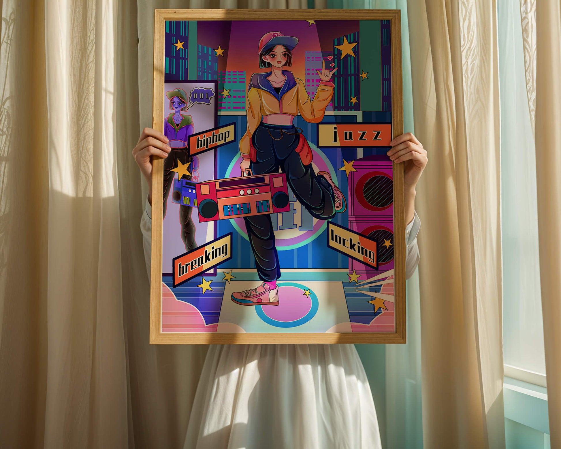 Colorful urban dance scene with hip hop and jazz elements