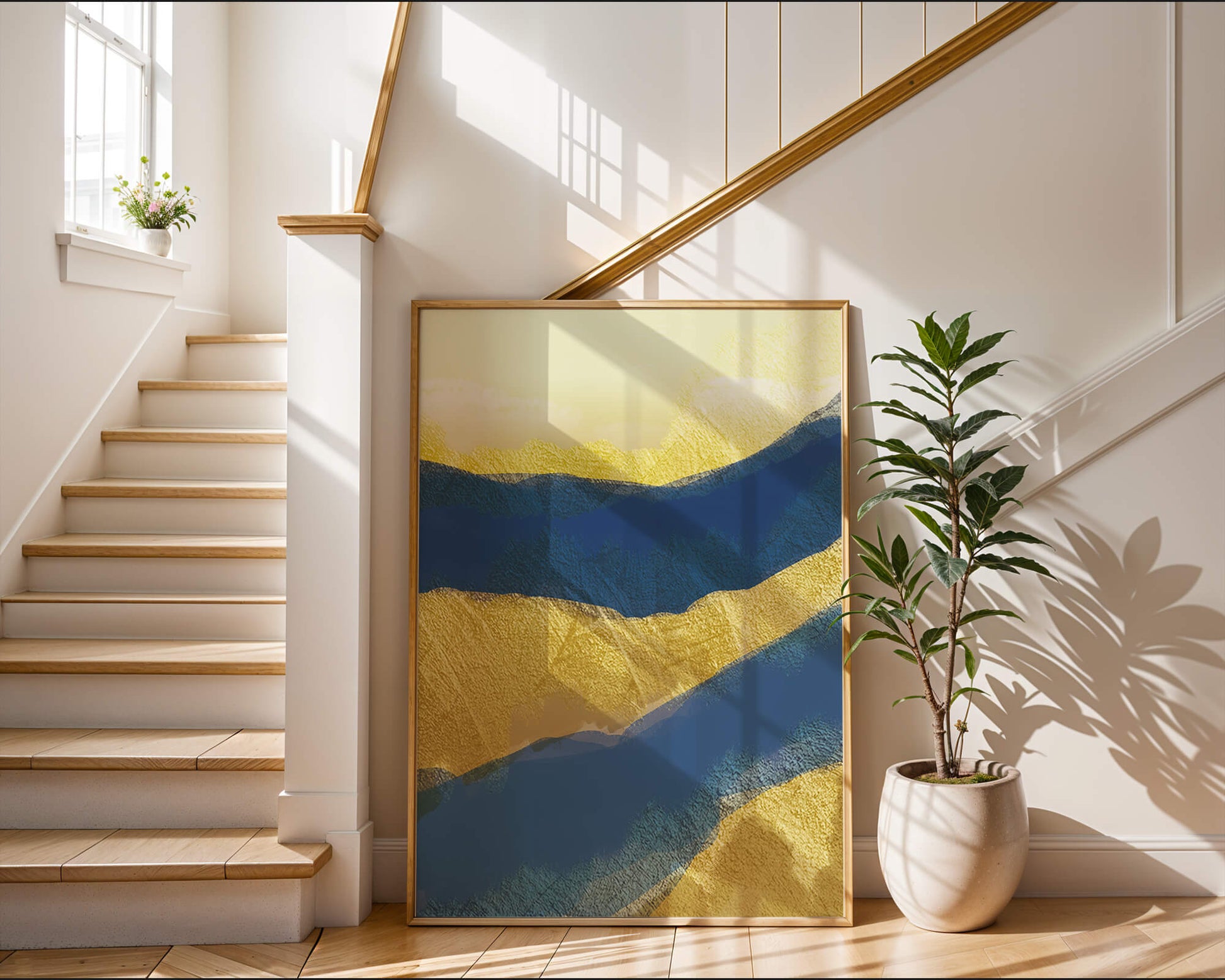Abstract landscape with blue and yellow textured layers