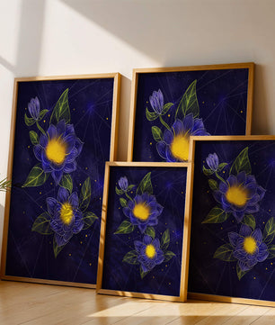 Floral Art with Blue and Yellow Lotus Design on Starry Background
