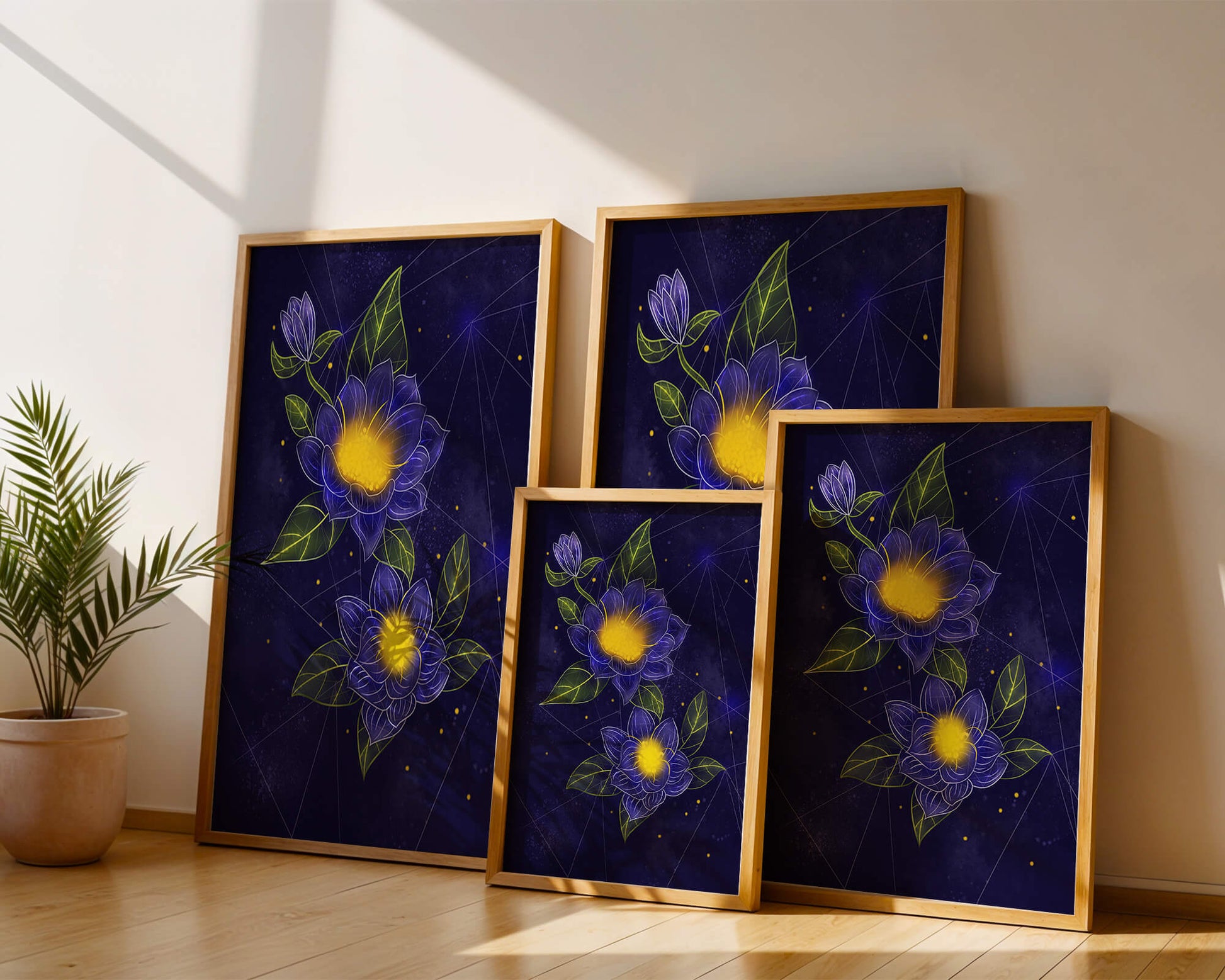 Floral Art with Blue and Yellow Lotus Design on Starry Background
