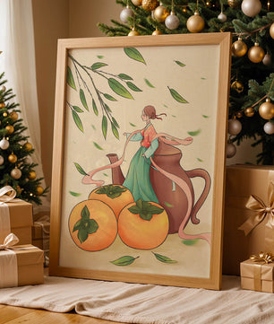 Whimsical scene with a woman in traditional attire among persimmons and leaves