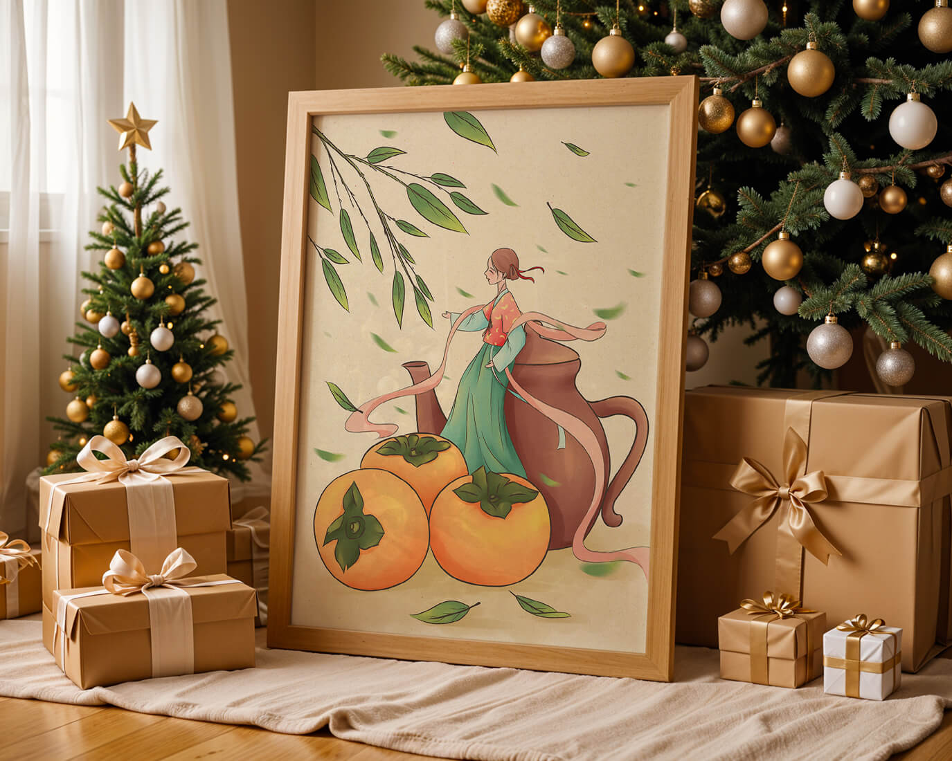 Whimsical scene with a woman in traditional attire among persimmons and leaves