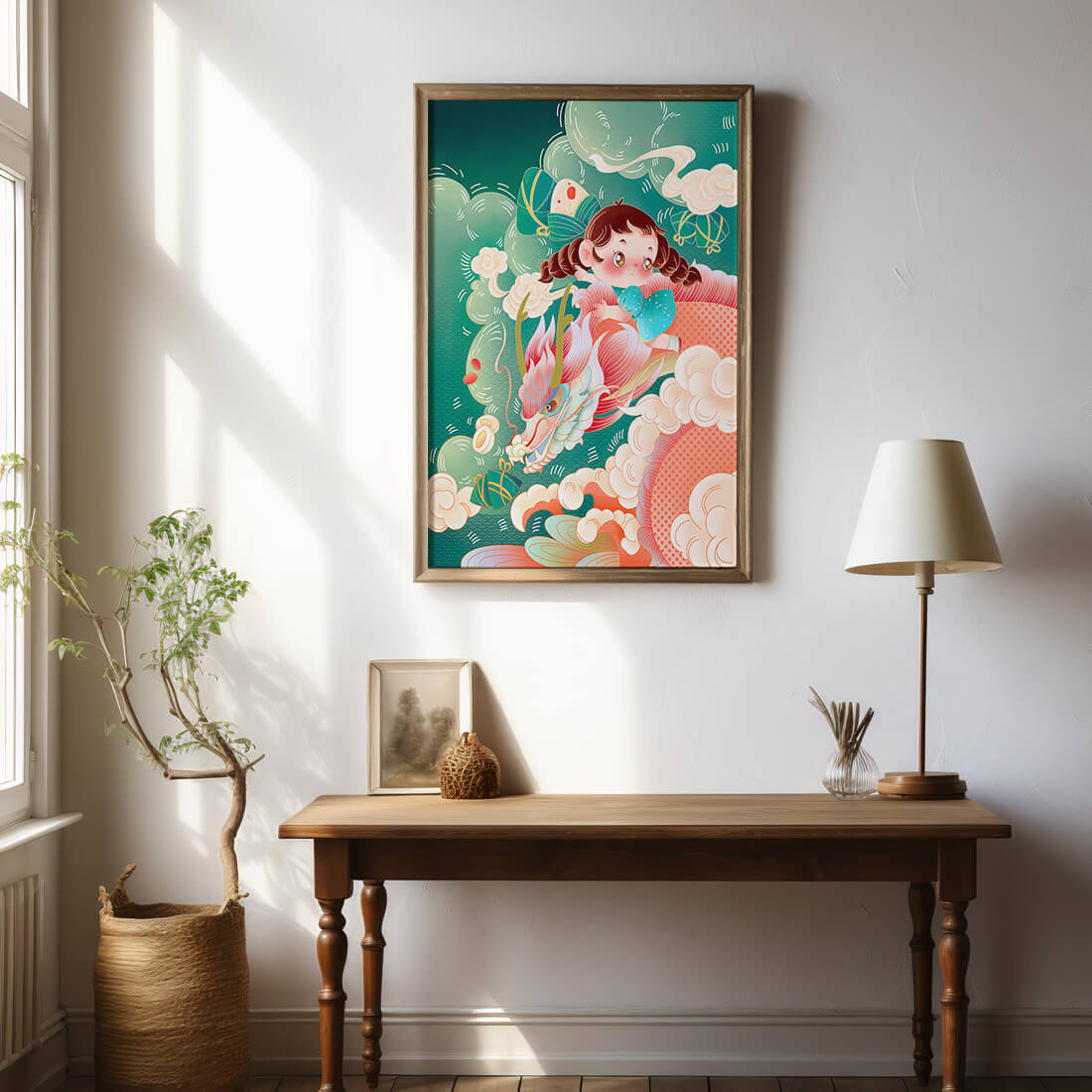 Whimsical scene of a girl riding a dragon through clouds