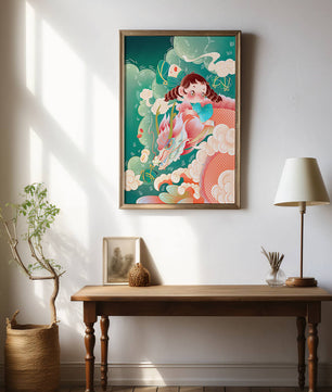 Whimsical scene of a girl riding a dragon through clouds