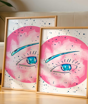 Abstract Eye Illustration with Pink Background and Blue Accents - Mi tienda