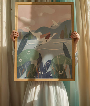 Whimsical landscape with flying birds and pink sky