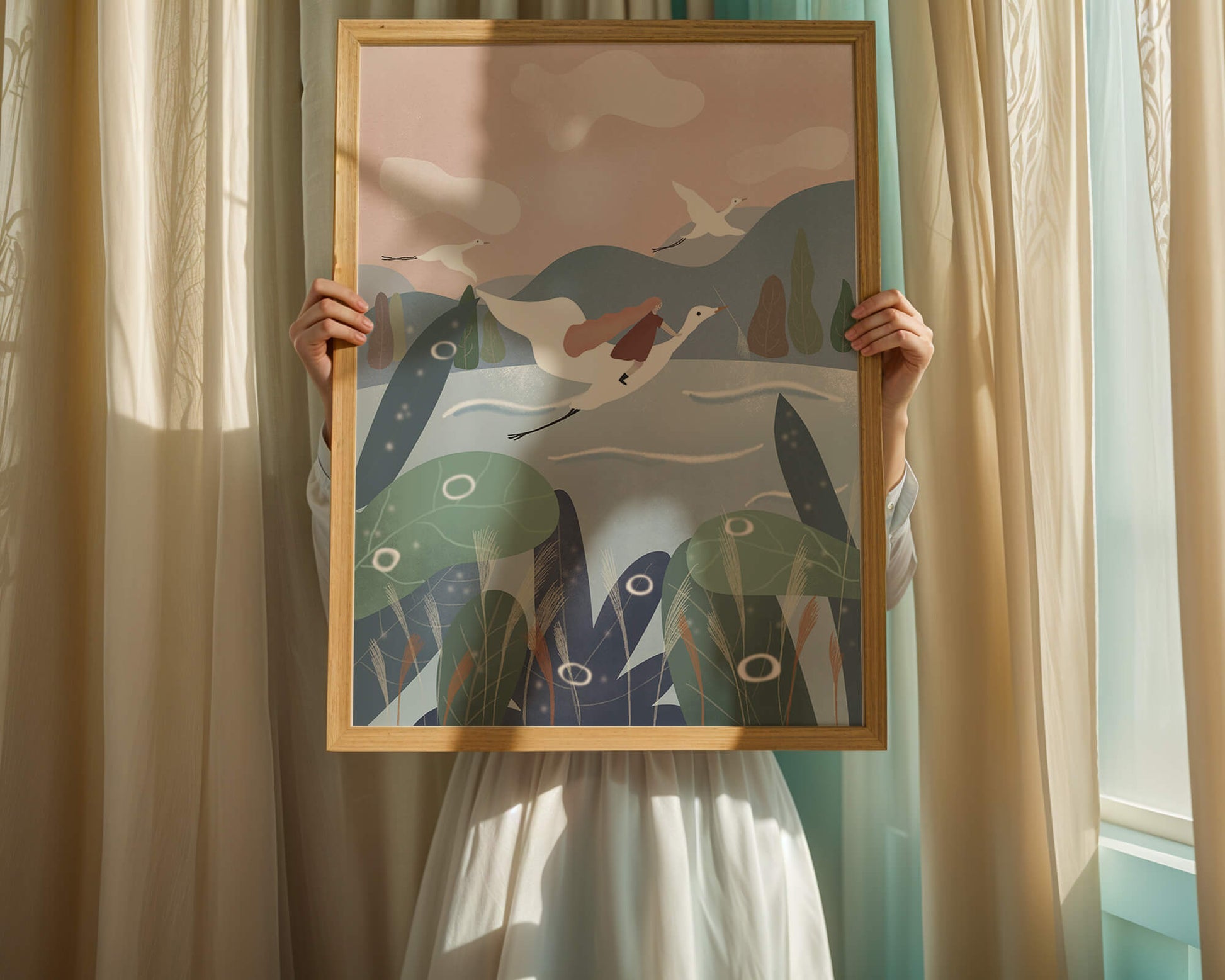Whimsical landscape with flying birds and pink sky