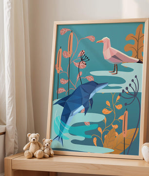 Geometric Dolphin and Seagull with Floral Elements in Abstract Nature