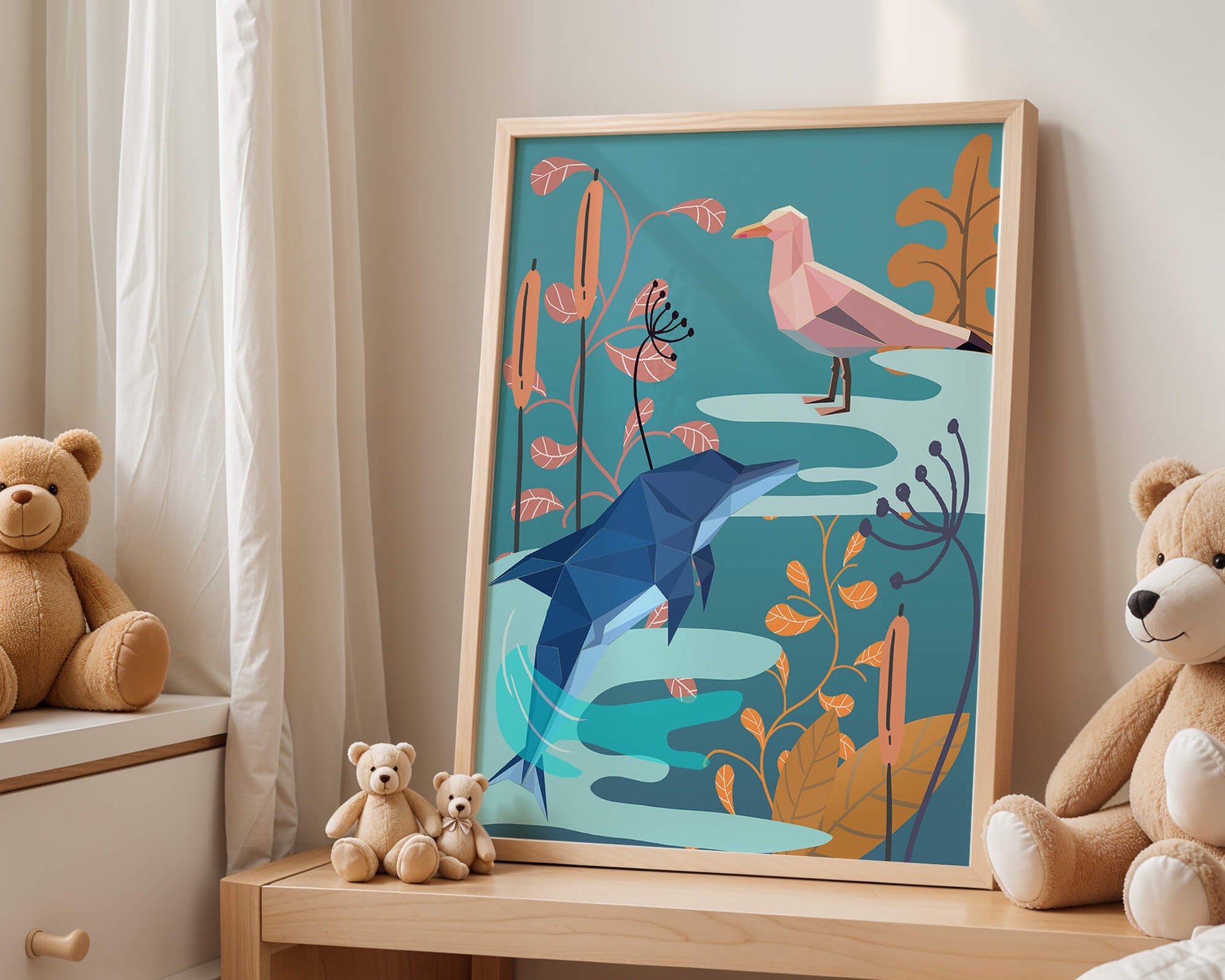 Geometric Dolphin and Seagull with Floral Elements in Abstract Nature
