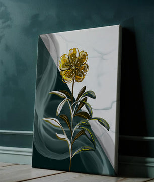 Abstract floral design featuring a golden flower with textured leaves