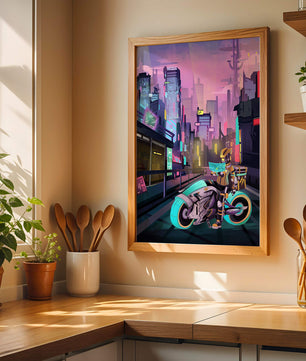 Futuristic Cyberpunk Cityscape with Neon Rider and Motorcycle