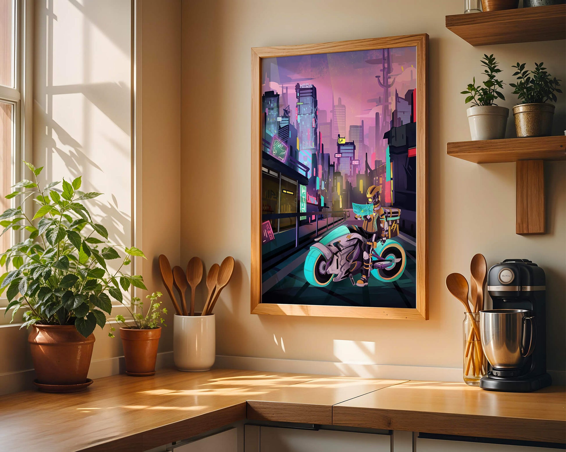 Futuristic Cyberpunk Cityscape with Neon Rider and Motorcycle