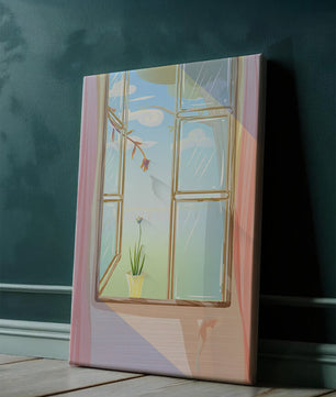 Tranquil open window with floral view and gentle sunlight