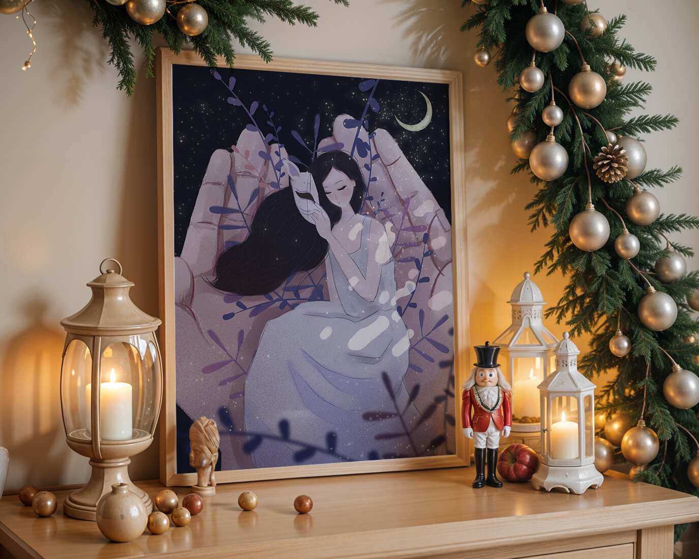 Un momento tierno bajo la luz de la luna con máscara y atmósfera onírica