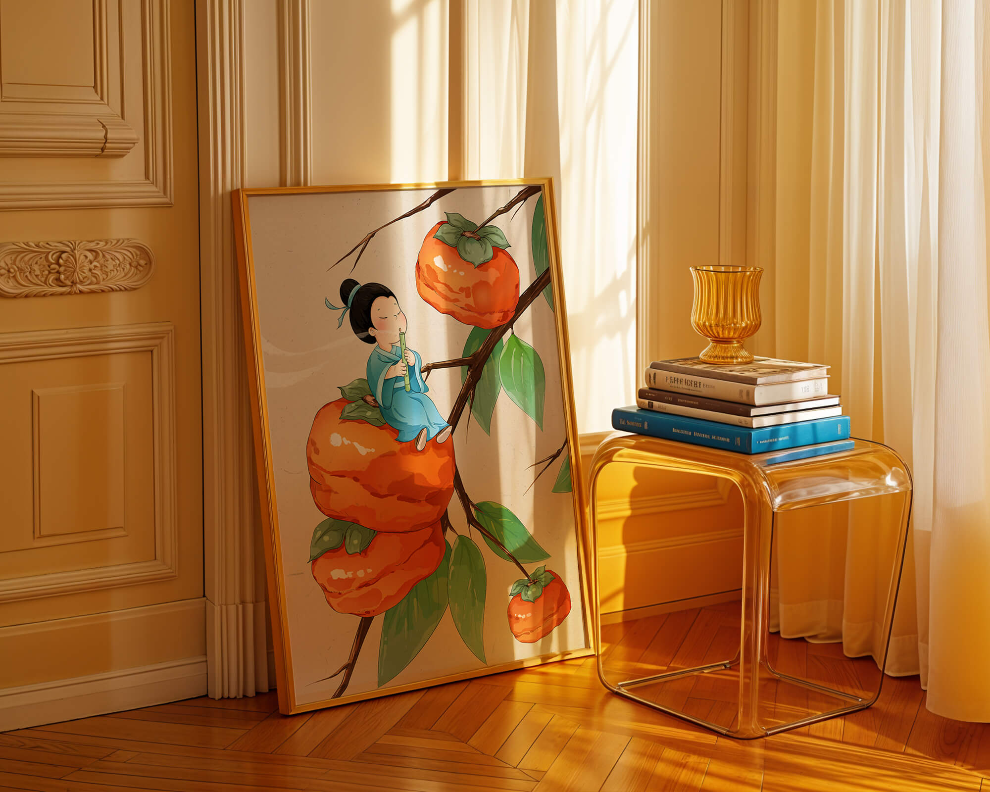 Child playing flute on persimmon-filled tree in whimsical illustration