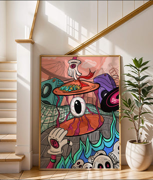 Ilustración abstracta surrealista colorida con un ojo vívido y elementos surrealistas
