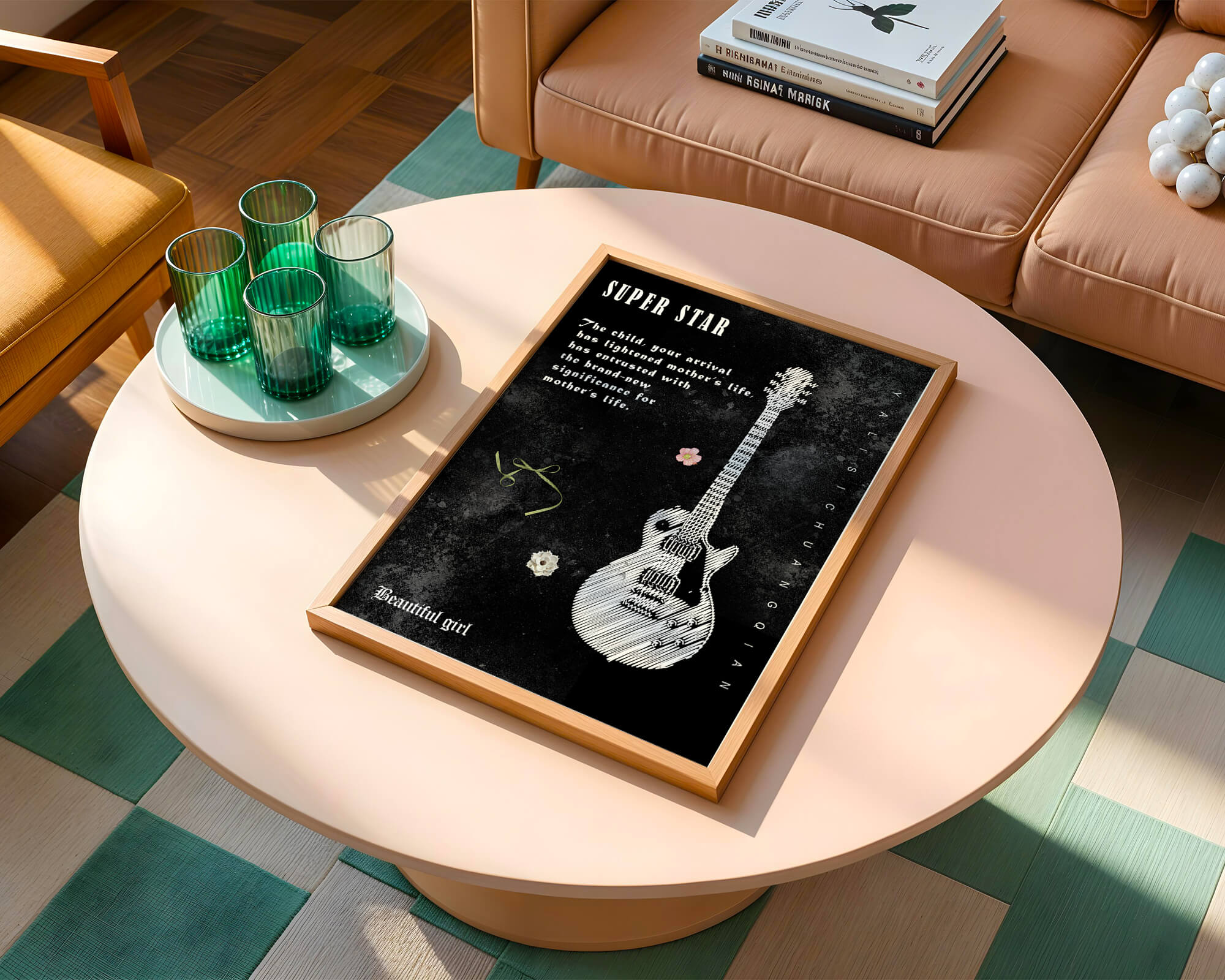 Artistic black and white guitar illustration with heartfelt text