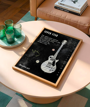 Ilustración de guitarra en blanco y negro artística con texto conmovedor