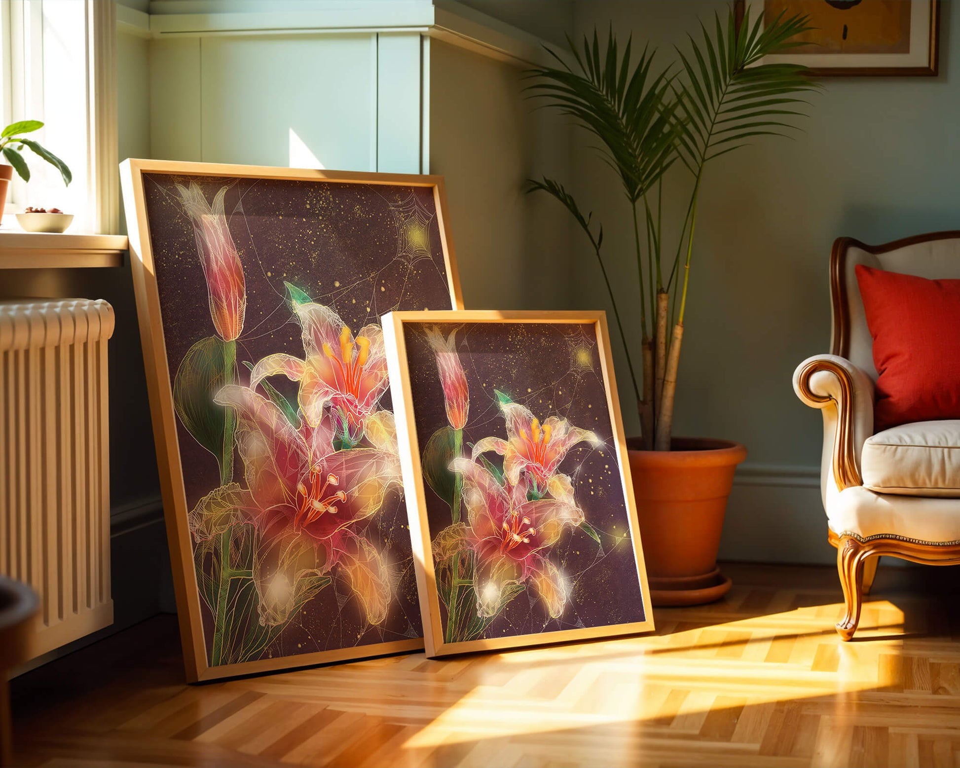 Elegant Floral Composition with Intricate Details and Golden Accents