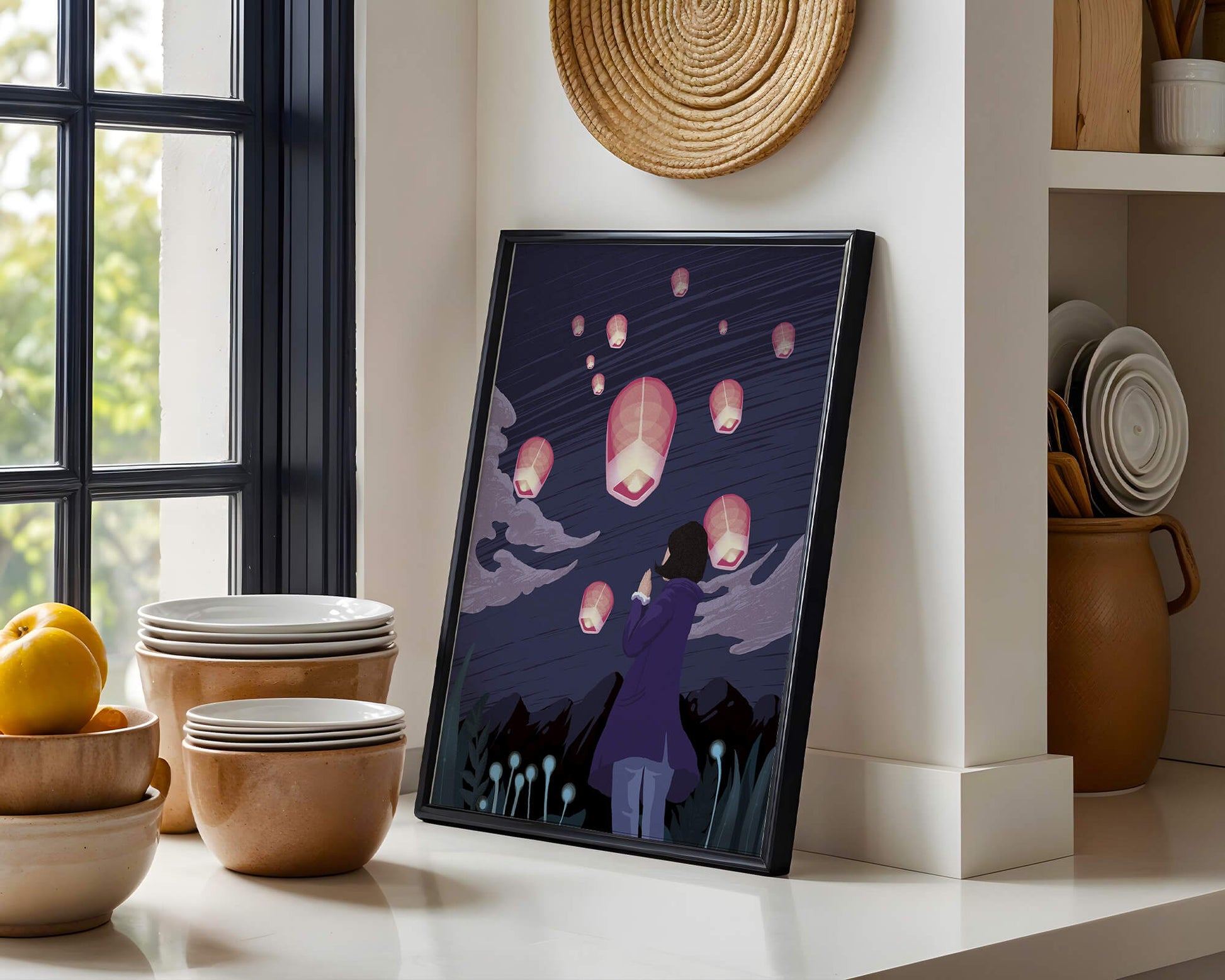 Girl Watching Pink Lanterns Soaring into the Night Sky