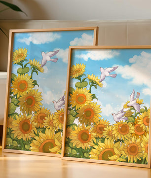 Friedliche Szene mit Sonnenblumen und Tauben unter einem strahlend blauen Himmel