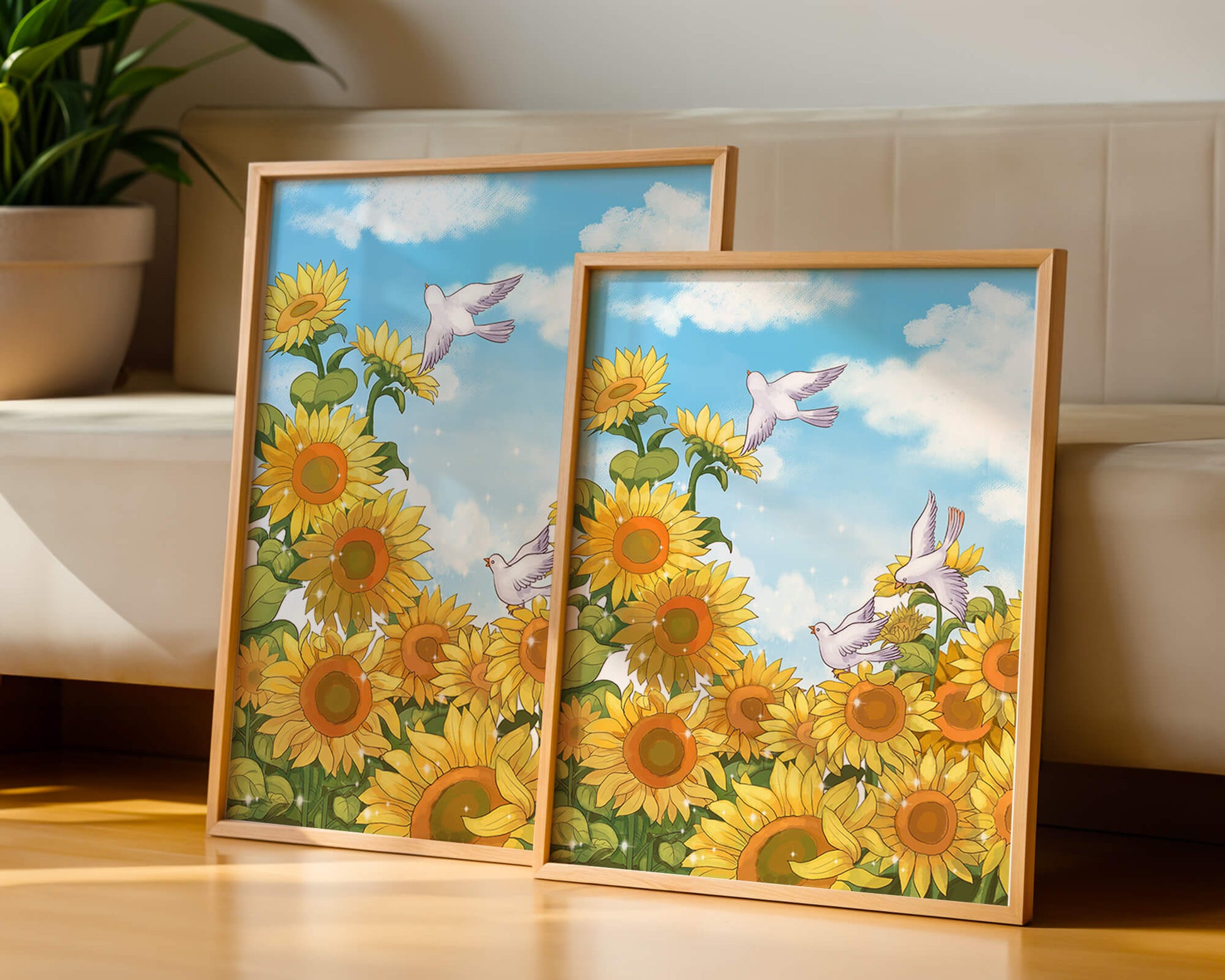 Friedliche Szene mit Sonnenblumen und Tauben unter einem strahlend blauen Himmel