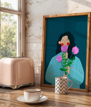 Illustration of a woman with purple flowers on a teal background
