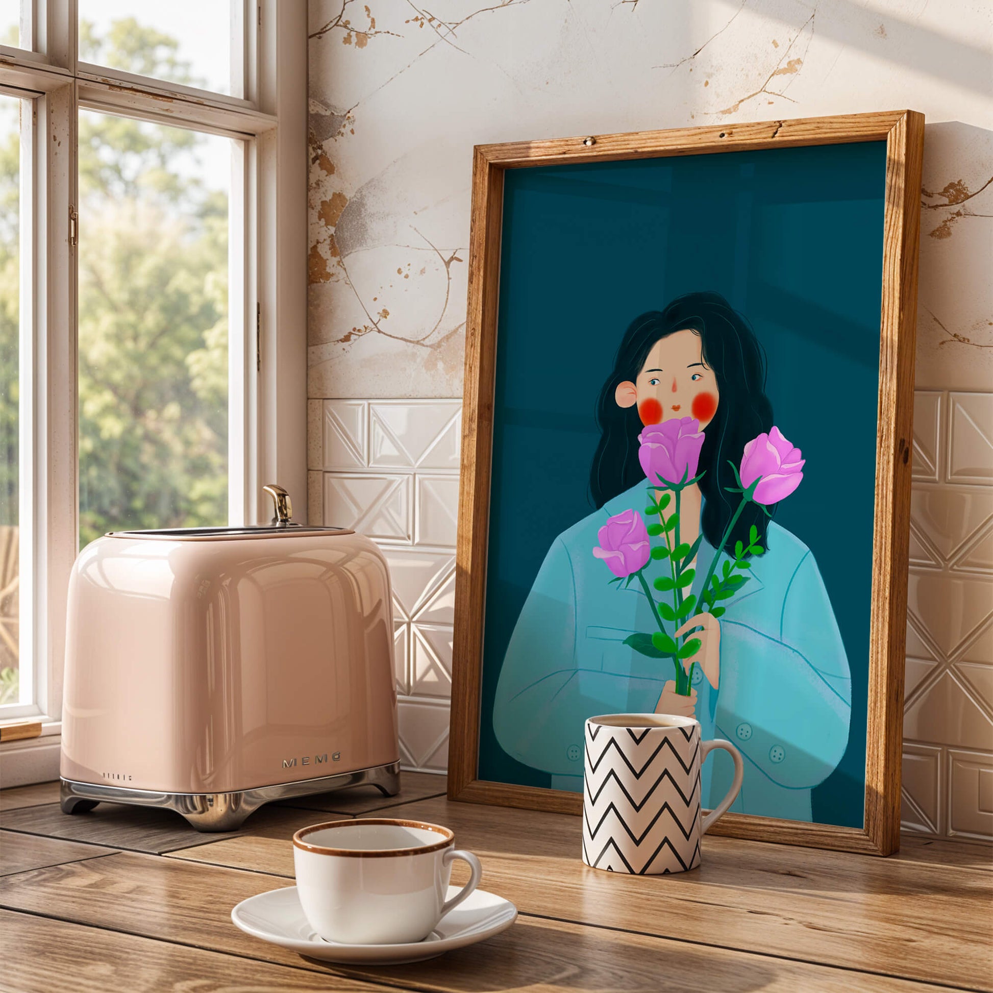 Illustration of a woman with purple flowers on a teal background