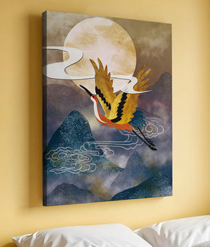 Majestic Gold-Crimson Crane Flying Over Misty Mountains in Moonlight