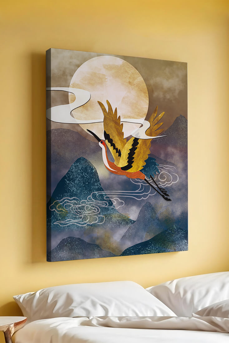 Majestic Gold-Crimson Crane Flying Over Misty Mountains in Moonlight