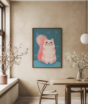 Whimsical Cat Illustration with Dandelions on Blue Background - Mi tienda