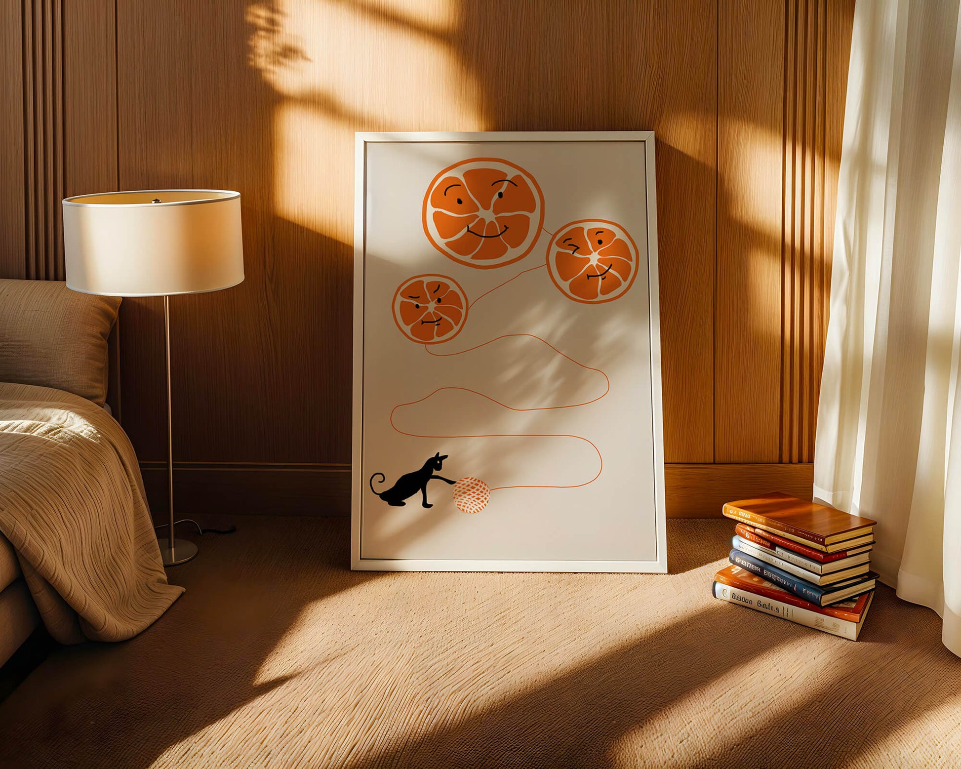 Playful illustration of oranges with cat and yarn