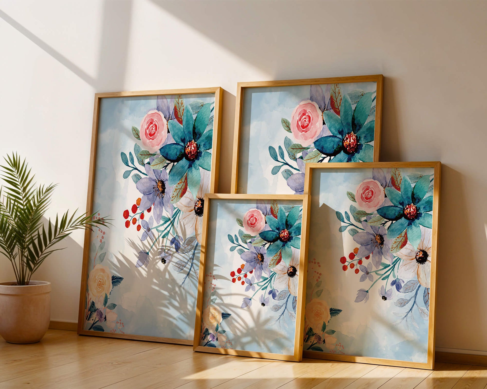 Ilustración floral acuarela con flores y hojas vibrantes
