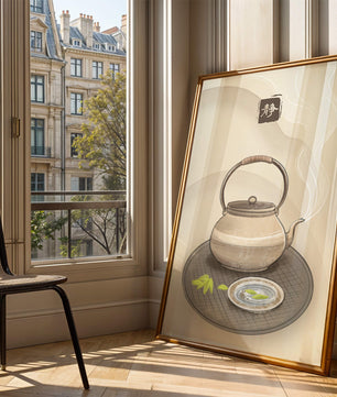 Traditional Japanese teapot with steaming tea and serene setting