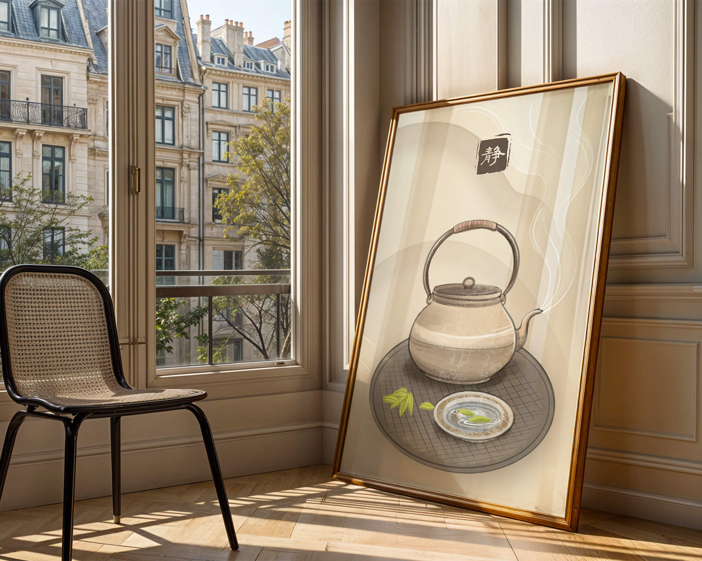 Traditional Japanese teapot with steaming tea and serene setting