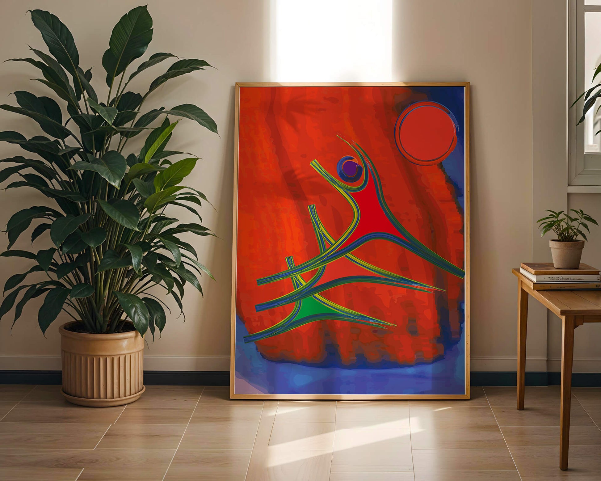 Abstract colorful artwork with dynamic figures and bold colors