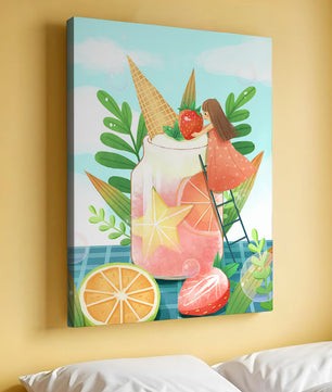 Bezaubernde Sommergetränk-Illustration mit Früchten, Blättern und einem Kind