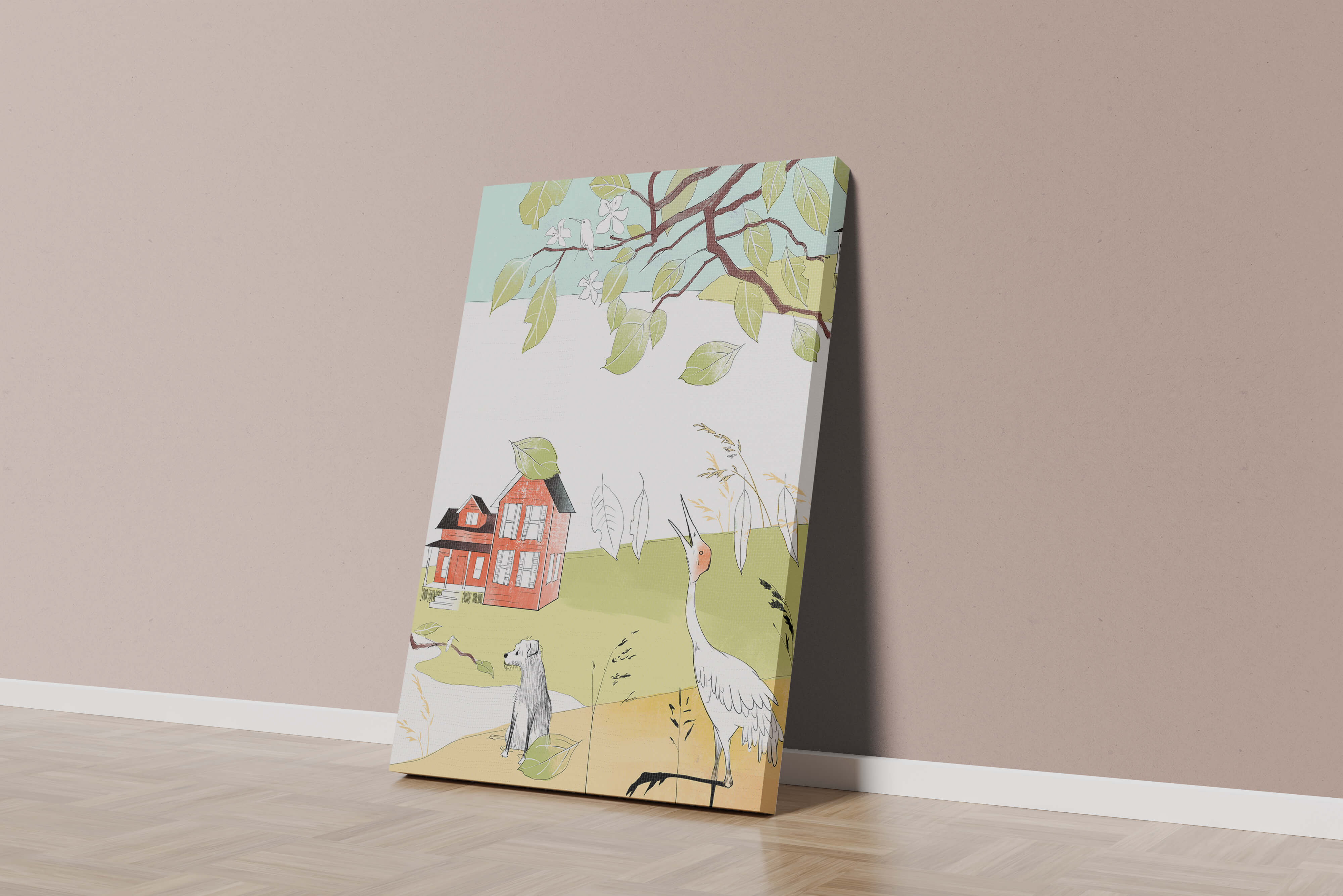 Tranquil rural landscape illustration with house, dog, and crane