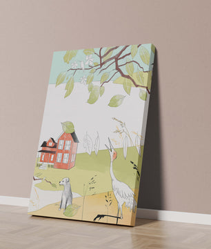 Tranquil rural landscape illustration with house, dog, and crane