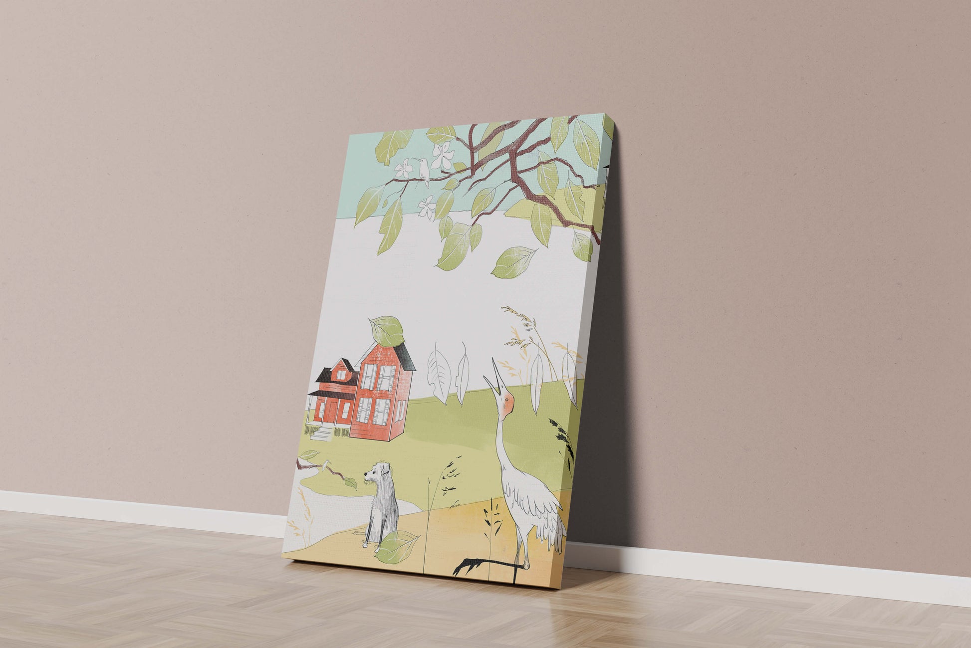 Tranquil rural landscape illustration with house, dog, and crane