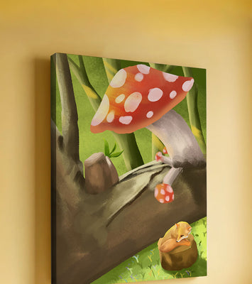 Charming forest scene with a fox resting under mushrooms