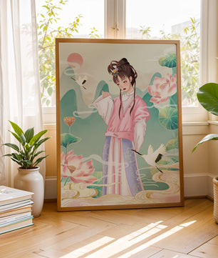 Femme élégante en tenue traditionnelle avec lotus en fleurs et grues