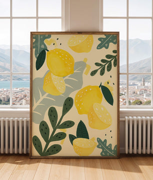 Composición ilustrativa de limones y hojas con colores vibrantes