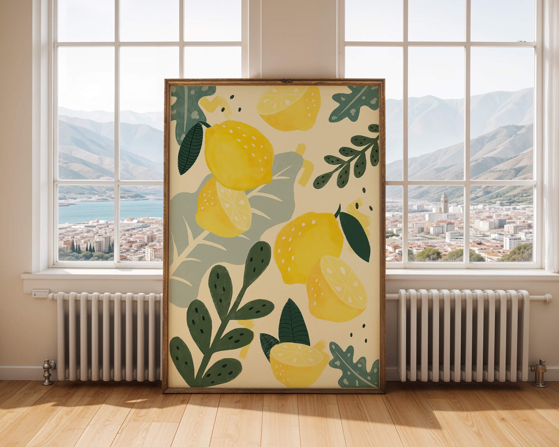 Composición ilustrativa de limones y hojas con colores vibrantes