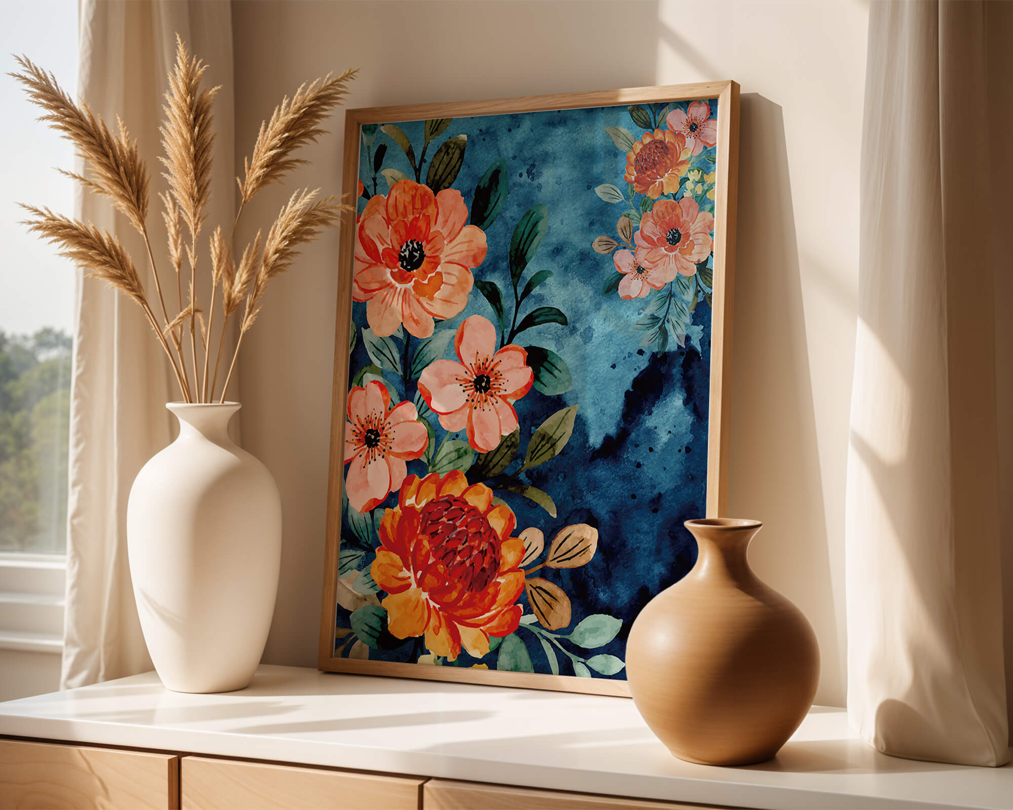 Vibrant floral watercolor design with orange blossoms and blue background