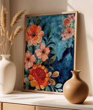 Vibrant floral watercolor design with orange blossoms and blue background
